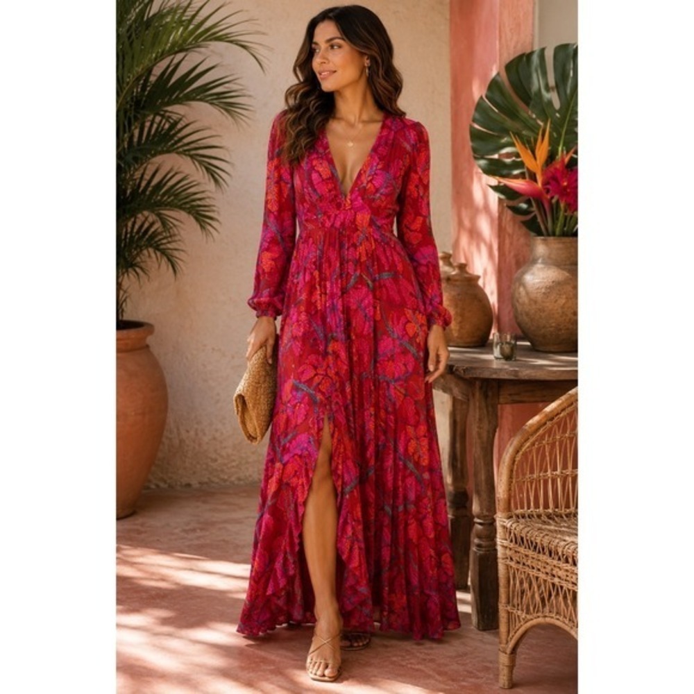 NWT FARM Rio Delicate Leaves Maxi Dress S Red Floral Ruffle Resort Wedding